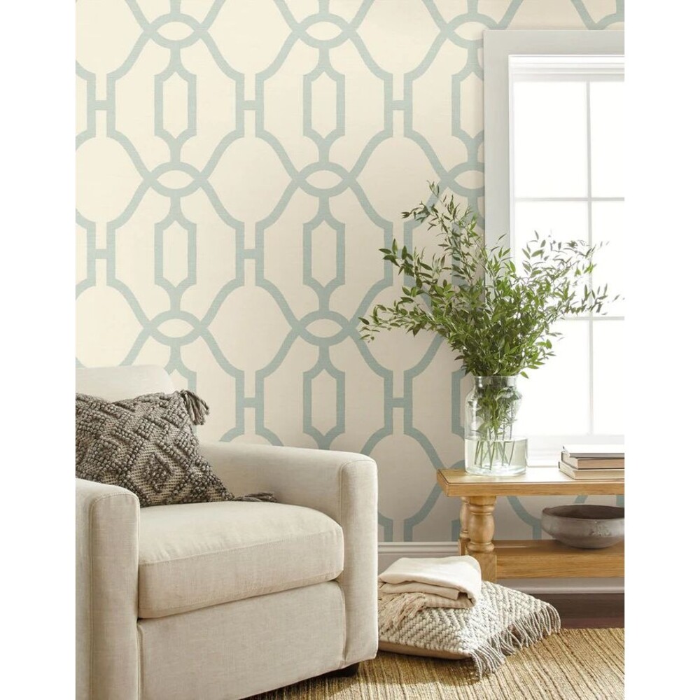 MAGNOLIA HOME Joanna Gaines Prepasted Wallpaper 56 sq ft Woven Trellis Blue Eggs